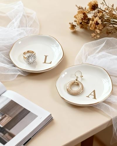 Fmeida Jewelry Tray Ring Dish for Women, Initials Ceramic Jewelry Dish, Personalized Aesthetic Decorative Birthday Valenti...