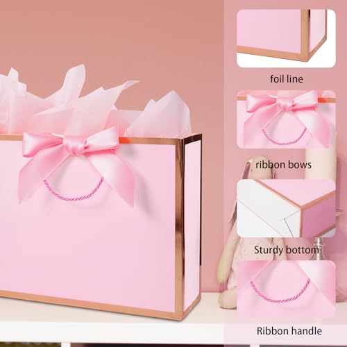 Plauthus Pink Gift Bag with Ribbon, 13" Large Gift Bag with Handle, Greeting Card & 2 Tissue Paper（Rose Gold Foil Frame） f...