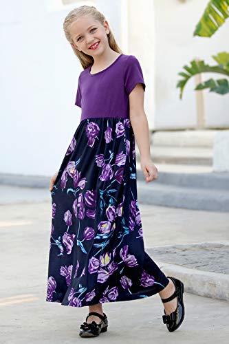 GORLYA Girl's Short Sleeve Patchwork Floral Print Loose Casual Long Maxi Dress with Pockets for 4-12 Years Kids
