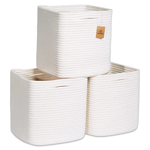NaturalCozy Storage Cubes 11 Inch Cotton Rope Woven Baskets for Organizing, 3-Pack | Cube Storage Bin | Square Storage Bas...