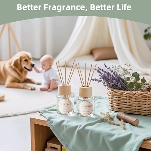 Binca Vidou Reed Diffuser Set Lavender & Linen Natural Scent Theme Oil Diffusers with Sticks for Home Office Bathroom Arom...
