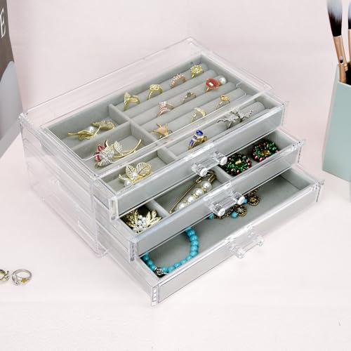 Weiai Acrylic Jewelry Box 3 Drawers, Velvet Jewellery Organizer, Earring Rings Necklaces Bracelets Display Case Gift for W...