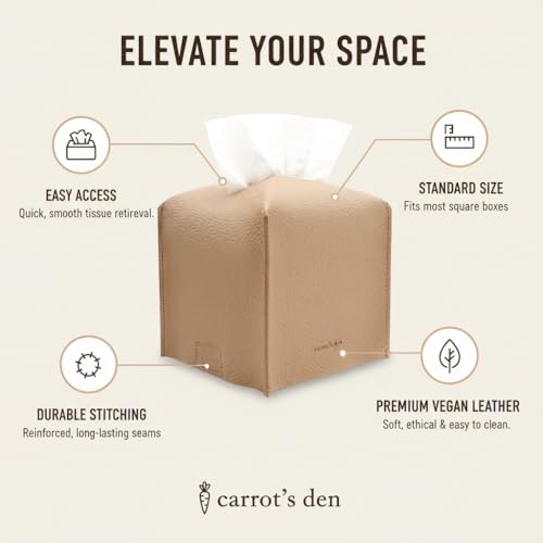 Tissue Box Cover Holder, Square with Bottom Belt by Carrot's Den - PU Leather Decorative Organizer for Tabletop, Bathroom,...