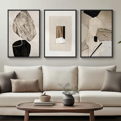 Framed Neutral Abstract Wall Art, Set of 3 Modern Canvas Prints Paintings Artwork for Walls, Minimalist Black and Beige Pi...