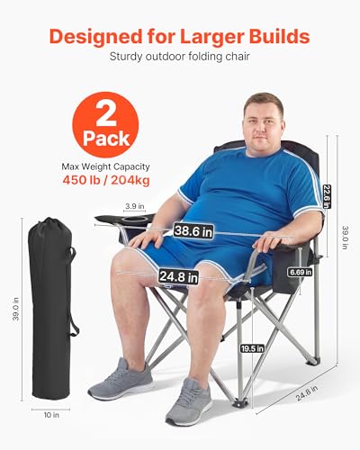 VEVOR Oversized Camping Folding Chair, Portable Heavy Duty Outdoor Quad Lumbar Back Padded with Side Pockets, Cup Holder a...
