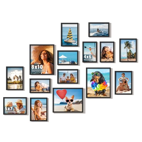 DUENPY 15 Pack Picture Frames Collage Wall Decor, Black Frame Set with 3pcs 8x10, 6pcs 5x7, 6pcs 4x6 for Gallery Display, ...