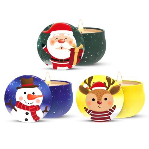Set of 3 Small Christmas Soy Wax Scented Candles Gift Set for Women, Santa Claus Snowman and Elk Deer with Apple&Cinnamon,...