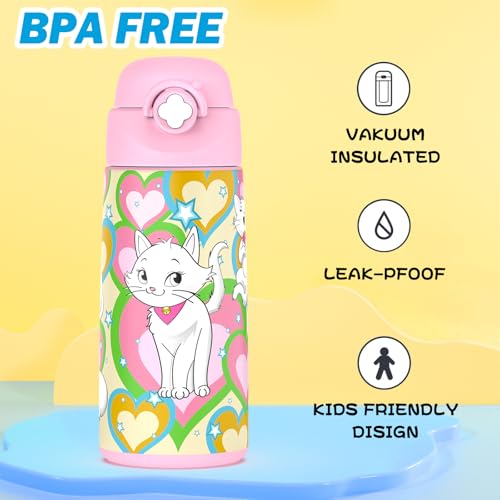 Ntswasd Girls Insulated Water Bottle with Covered Pop-Up Straw,16 oz Kids Cups with Stainless Steel Leak Proof for School ...