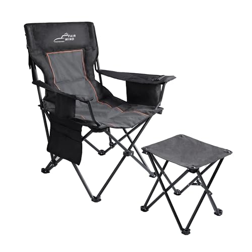 FAIR WIND Oversized Padded Camping Chair with Footrest Stool Set Heavy Duty Support 300 LBS Cooler Bag - Black