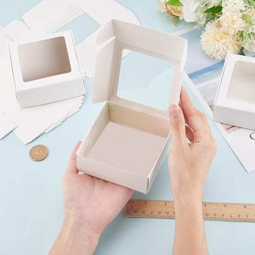 BENECREAT 20 Pack White Kraft Paper Boxes with Clear Window 3.6x3.6x1.4 Gift Packaging Boxes for Bakery Cookies Cake Candy...