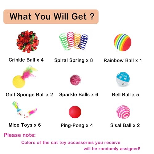 POSAPET Cat Toys Assortment - Interactive Kitten Toy Bundle with Sparkle Pom Pom Balls, Crinkle Balls & Spring Toys for In...