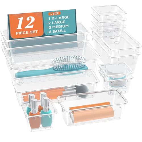 ElegantArray 12 PCS Drawer Organizer Set, 4 Sizes Tool Storage Trays, Clear Plastic Makeup Vanity Organizer and Storage Bi...