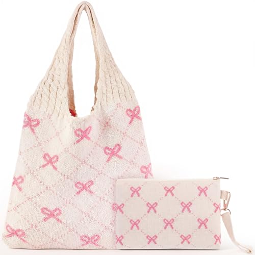 Sanwuta 2 Pcs Pink Bow Crochet Tote Bag Beach Bow Mesh Knitted Shoulder Bag Coquette Aesthetic Bohemian Bags for Women