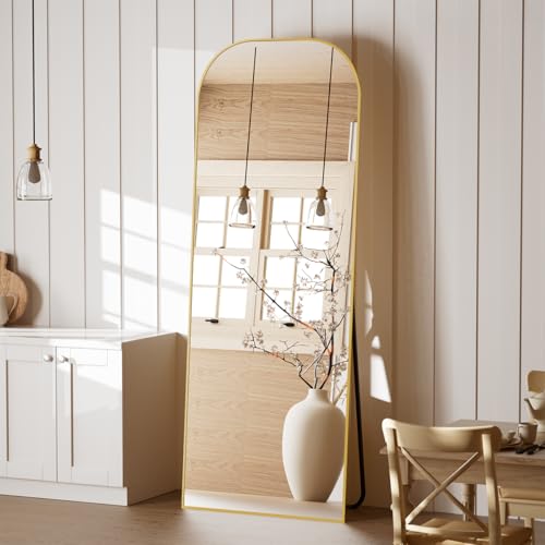 Koonmi Full Length Mirror, 56"x21" Mirror Full Length with Stand, Gold Domed Top Square-Edged Floor Mirror with Aluminum A...