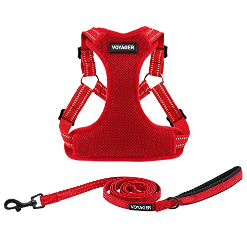 Best Pet Supplies Voyager Adjustable Step-in Flex Breathable Mesh Dog Harness for Small Medium Large Dogs Leash Set (Red), S