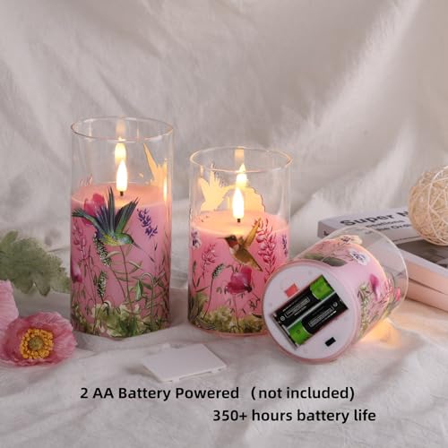 Eywamage Pink Hummingbird Floral Glass Flameless Candles with Remote, Flickering Battery LED Pillar Candles Set of 3, Spri...