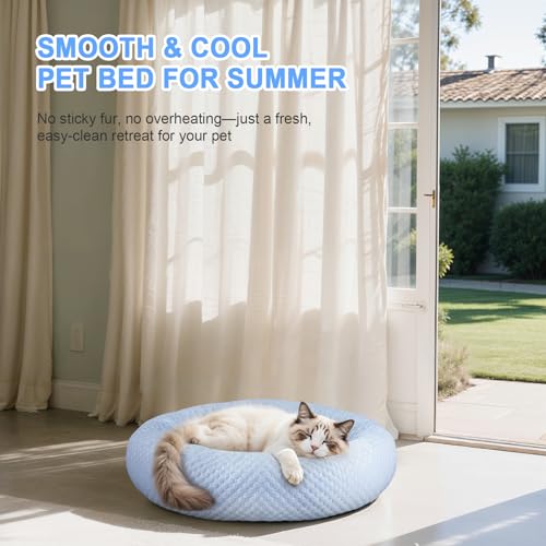 Small Donut Dog Bed - Cooling Calming Cuddler for Cats & Puppies, Anti-Anxiety Ice Fabric Round Pet Bed, Washable Comfort ...