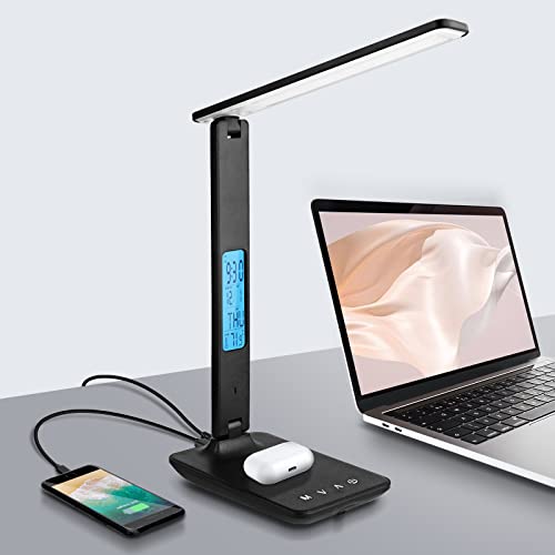 LAOPAO Desk Lamp with Wireless Charger: USB Charging Port, Table Lamp with Clock, Desk Lamps for Home Office College Dorm ...