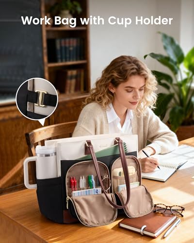 LOVEVOOK Laptop Lunch Bag Combo for Women, 15.6" Laptop Tote with Insulated Lunch Compartment & Cup Holder,Large Work Bag ...