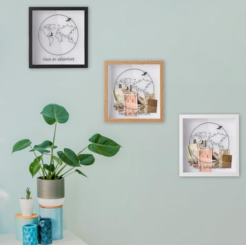 Travel Adventure Archive Shadow Box for Memories, 12x12in Memory Box with Slot on Top for Travel Ticket Stub, Top Loading ...