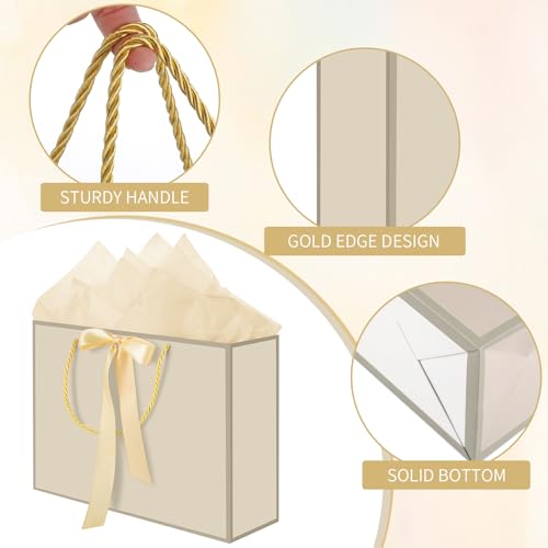 woric 2 Pcs Gift Bags with Handles, 14" Medium Gift Bag with 4 Tissue Paper & 2 Cards Gold Bag for Bridal Shower Wedding M...