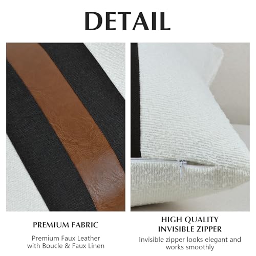 QoBexim Boucle Pillow Covers with Faux Leather Accents 12"x20" Set of 2, White and Black Decorative Pillow Covers with Fau...