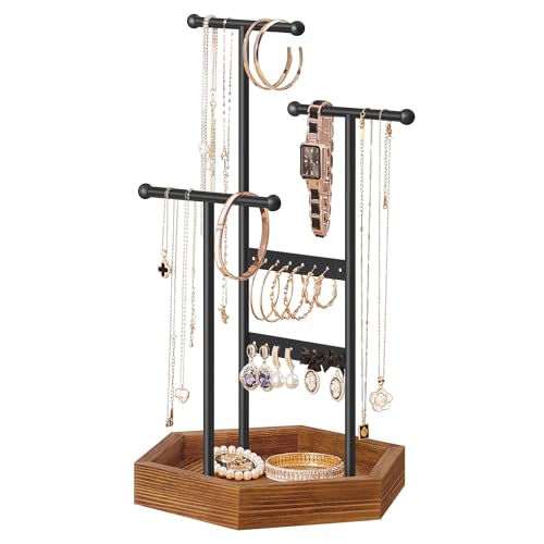 SONGMICS Jewelry Holder, Jewelry Organizer, 3 Tiers and 1 Tray, Jewelry Display Stand with Metal Frame, Necklace Earring B...