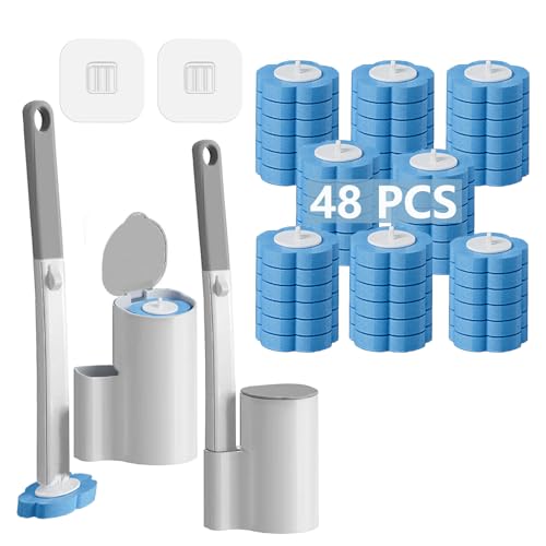 Ucaimao 2 Pack Disposable Toilet Brush and Holder Set,Extended Handle with 48 Cleaner Refills Toilet Brush for Toilet Bowl...
