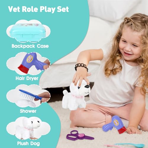Pet Care Play Set for Kids, 16Pcs Doctor Kit Pretend Play Vet Puppy Dog Grooming & Feeding Toys with Backpack, Educational...