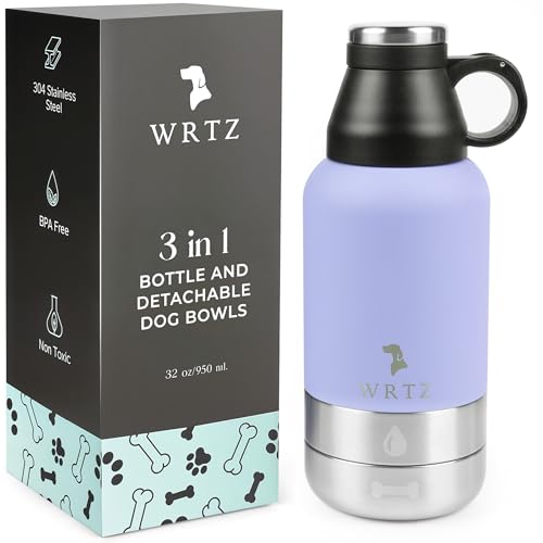 WRTZ Portable Dog Water Bottle with 2 Removable Water Bowls for Dogs – Leak-Proof Insulated Stainless Steel Dog Water Bott...