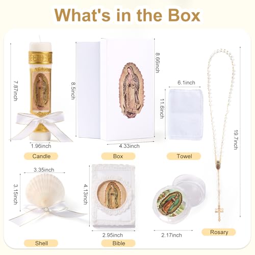 Baptism Candle Set for Boys and Girls,5 PCS Baptism Kit Virgen De Guadalupe Catholic Candle,Towel,Shell,Rosary,Bible for B...