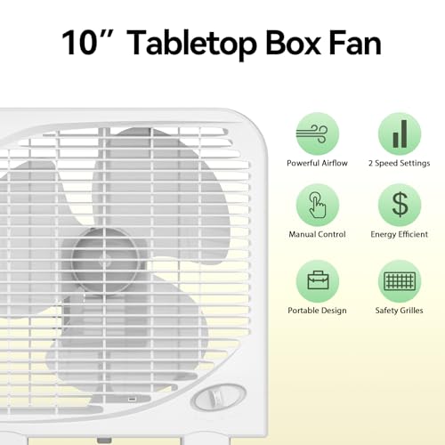 shinic 10" Tabletop Box Fan for Bedroom, 2 Speeds, Quiet Table Fan with Strong Airflow, Energy Efficient Small Box Fan, Po...