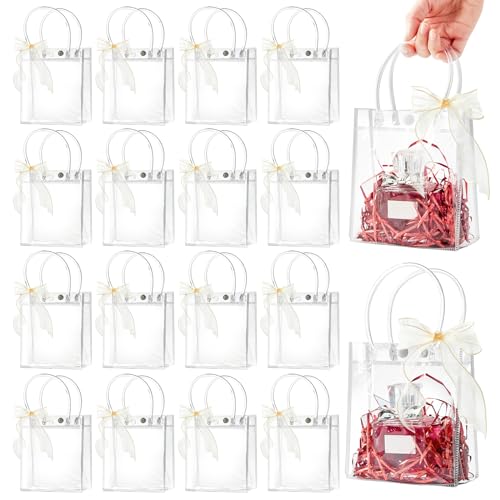 Ohuimrt 50 PCS Clear Plastic Gift Bags with Handles, 5.9 x 4.92 x 2.75 Inches Reusable Party Favor Bags with Ribbon Transp...