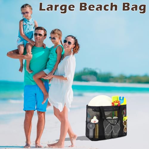 Fammart Mesh Beach Bag with Zipper for Women, Large Beach Tote Sandproof Toys Pool Swim Bag Travel Vacation Cruise Essentials