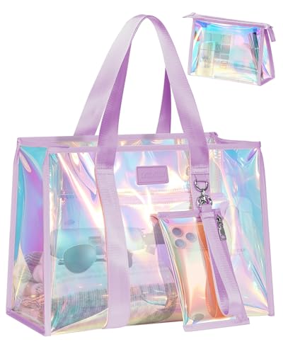 DSDCDJ Iridescent Beach Bags for Women, Large Jelly Tote Bag with Phone Pouch & Makeup Bag - Waterproof Beach Tote Bag