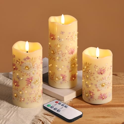 Eywamage Fiber Optic Flameless Pillar Candles with Remote, Floral Butterfly Spring LED Candles Flickering Easter Home Deco...