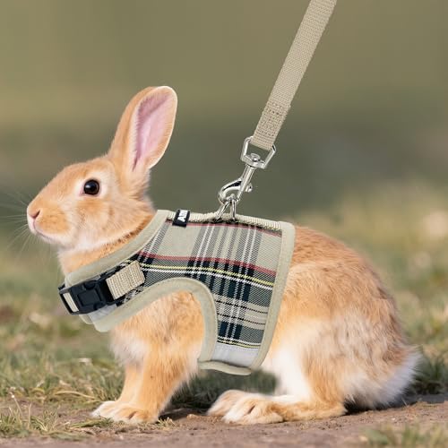 AIITLE Bunny Harness and Leash Set Escape Proof - Magic Tape Design, Lightweight Plaid Pattern Mesh Padding, No Pull No Ch...