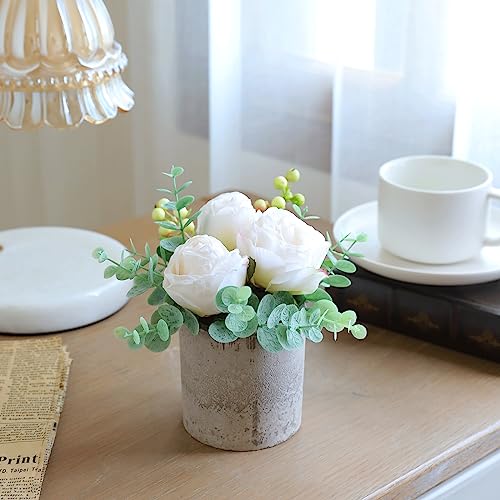 Rosscer Small Artificial Burnt White Rose Potted Plant, 6" Fake Silk Flowers in 3" Cylindrical Pot, Mini Faux Floral Arran...