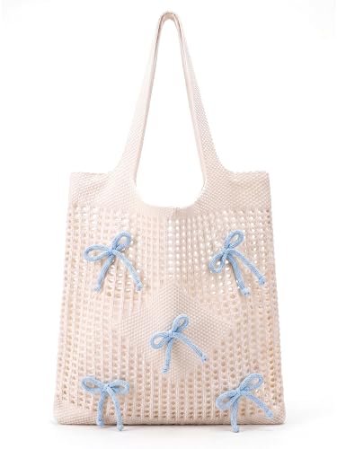 Clysee Crochet Tote Bag for Women Coquette Knit Beach Bag with Bows Preppy Woven Bag Boho Mesh Handbag for Summer Vacation