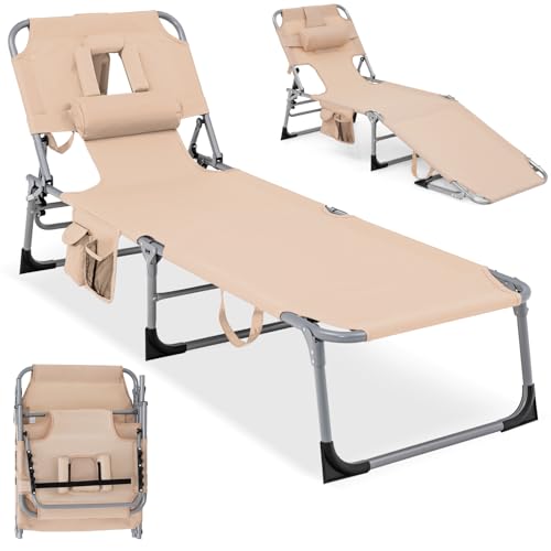 COSTWAY Tanning Chair with Face Hole, Folding Beach Lounge Chair with 4-Position Adjustable Backrest, Pillow & Side Pocke...