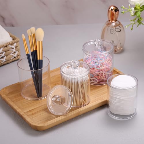 WEISHI 4 Pack Qtip Holder Dispenser - Cotton Ball, Swab, Round Pads, Floss , Small Clear Plastic Apothecary Jar Containers...