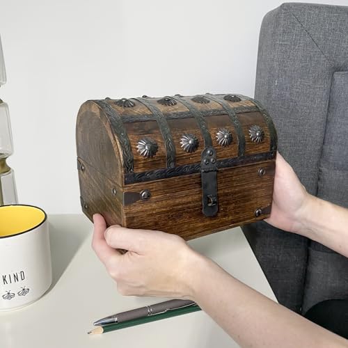 Nautical Cove Treasure Chest Keepsake and Decorative Wood Box (Large 8x6x6) - Storage Box, Wooden Box with Hinged Lid, Rus...