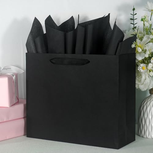 Elegant Black Gift Bag 11.8"x4.5"x9.8" with Ribbon Handles, Includes Card and Tissue Papers, Perfect for Birthdays, Weddin...