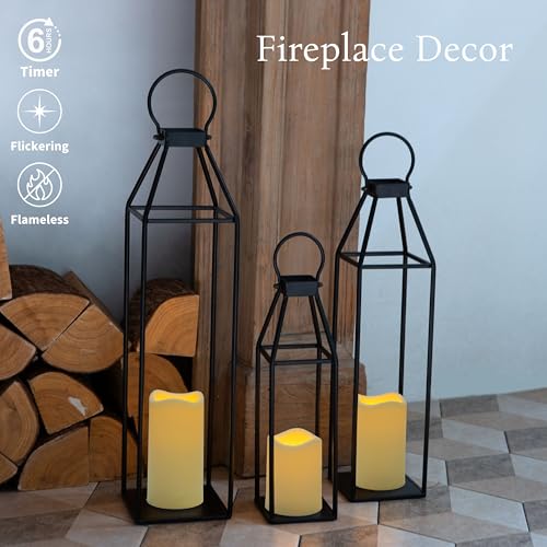 Perfnique Set of 3 Black Metal Lanterns w/ Waterproof Flickering Flameless Candle & Remote Timer, Modern Farmhouse Lantern...