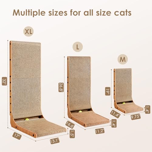 EHEYCIGA Cardboard Cat Scratcher for Indoor Cats, 26.8 Inch L Shaped Vertical Cat Scratching Board with Ball Cat Toy, Larg...