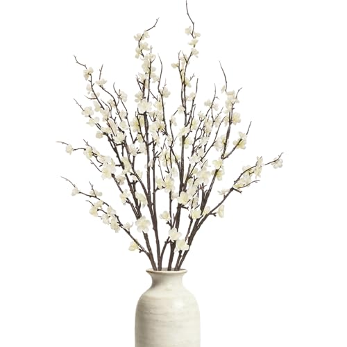 Cherica 4 Pcs Cherry Blossom Branches 39 Inch White Fake Flowers Spring Decorations for Home Decor, Artificial Flowers Lon...