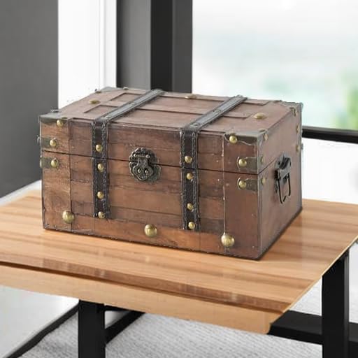 SLPR Alexander Small Wooden Treasure Chest - 11" x 7" x 5.5", Wood Storage Box with Hinged Lid, Decorative Trunk for Keeps...