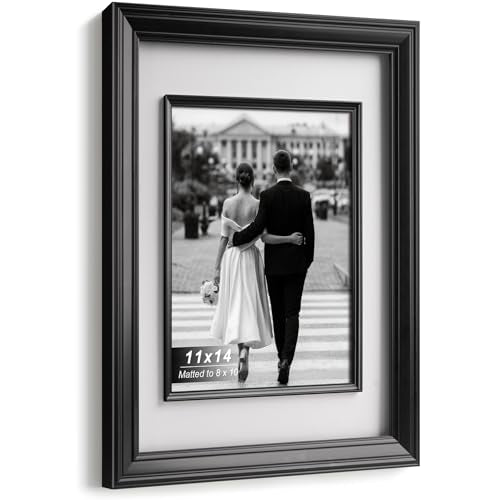 Yaetm 11x14 Black Picture Frame with Decorative Inner Frame & Tempered Glass, Display 8x10 Photos with Mat on Wall - Portr...