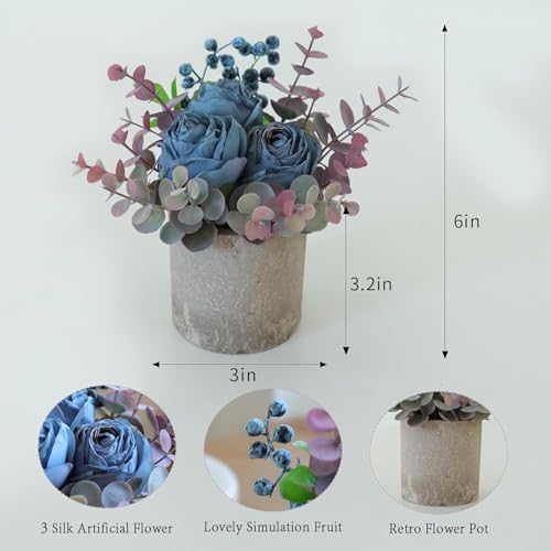 Rosscer Small Artificial 2pcs Burnt Blue Rose Potted Plant, 6" Fake Silk Flowers in 3" Cylindrical Pot, Mini Faux Floral A...