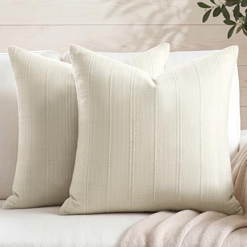 NOVILYS Decorative Linen Textured Throw Pillow Covers, 18x18 Inch Set of 2 Cotton Blend Striped Pillow Cases, Neutral Boho...